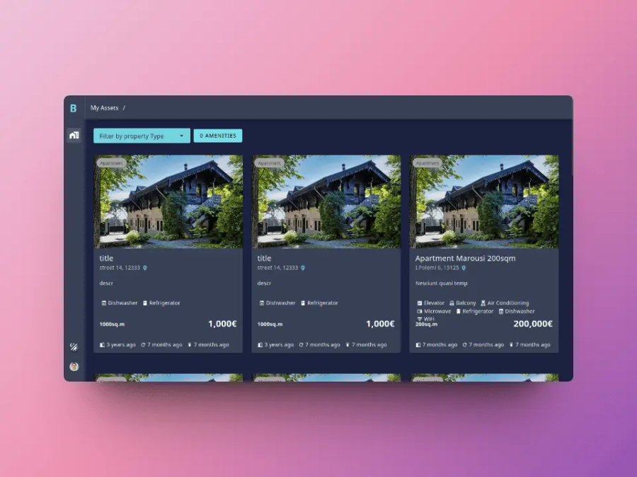 A browser window which contains the home page of the app. This part is a list of real estate assets with pictures and details, as well as several tools (filters etc.) to support their management.