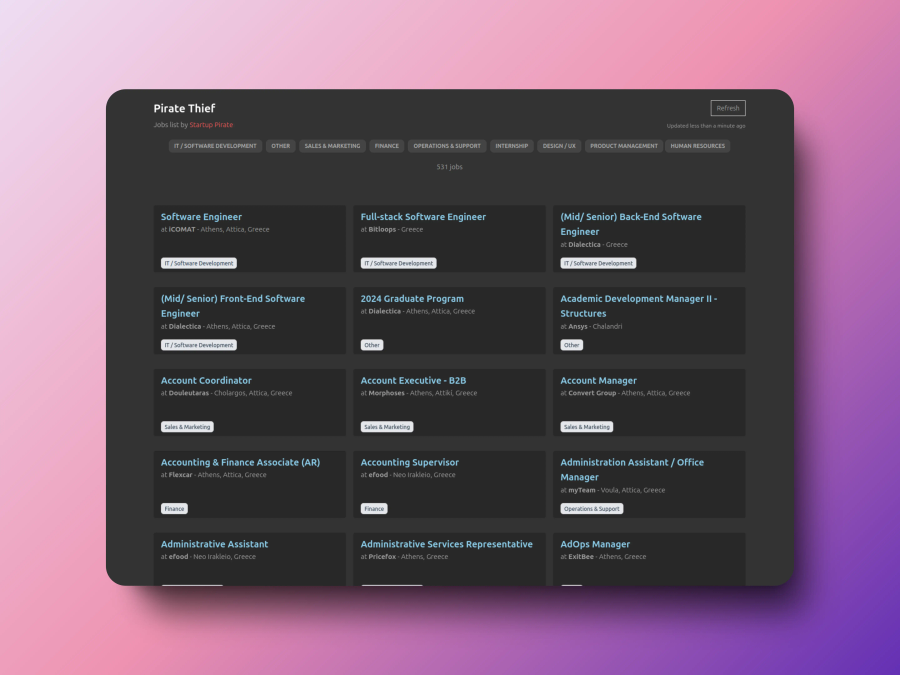 A browser window which contains the home page of the app. This part is a list of job ads and their details, as well as several tools (filters etc.) to support their management.